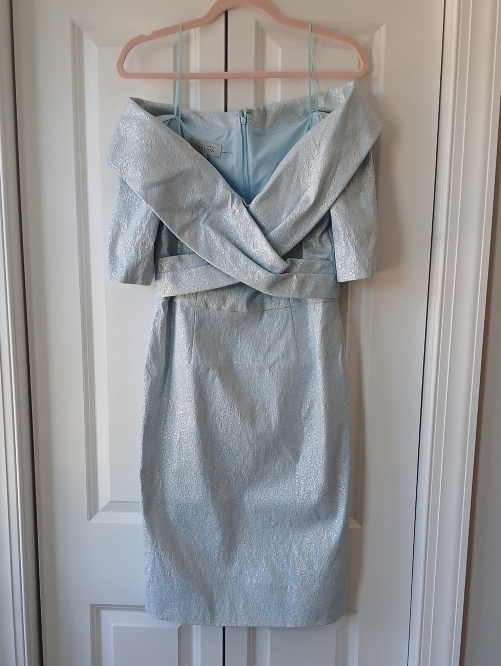 Rickie Freeman Teri Jon 10 Elegant Off Shoulder Blue Metalic Cocktail Dress